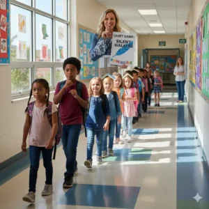 Teacher leading students in a Quiet Game during hallway transition